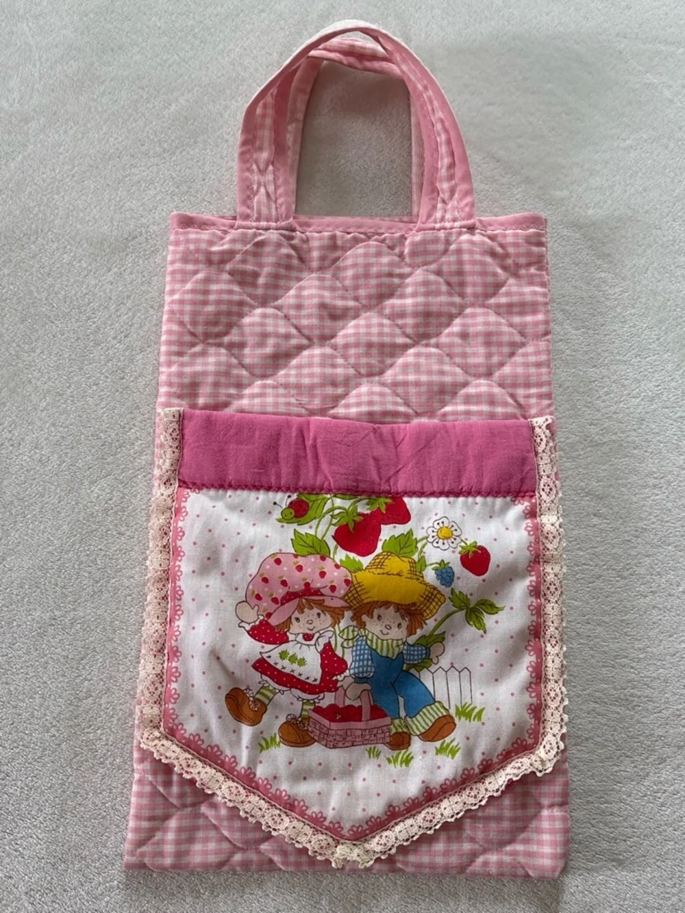 Vintage Handmade Quilted Lace Strawberry Shortcake Tote Bag